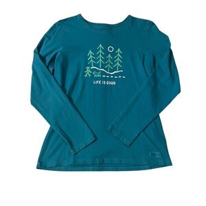 Life is Good Crusher Long Sleeve T-Shirt Blue‎ Trees Graphic | Women’s M
